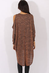 Bronze Metallic Cold Shoulder Dipped Hem Sweater - Rosi-Jumpers