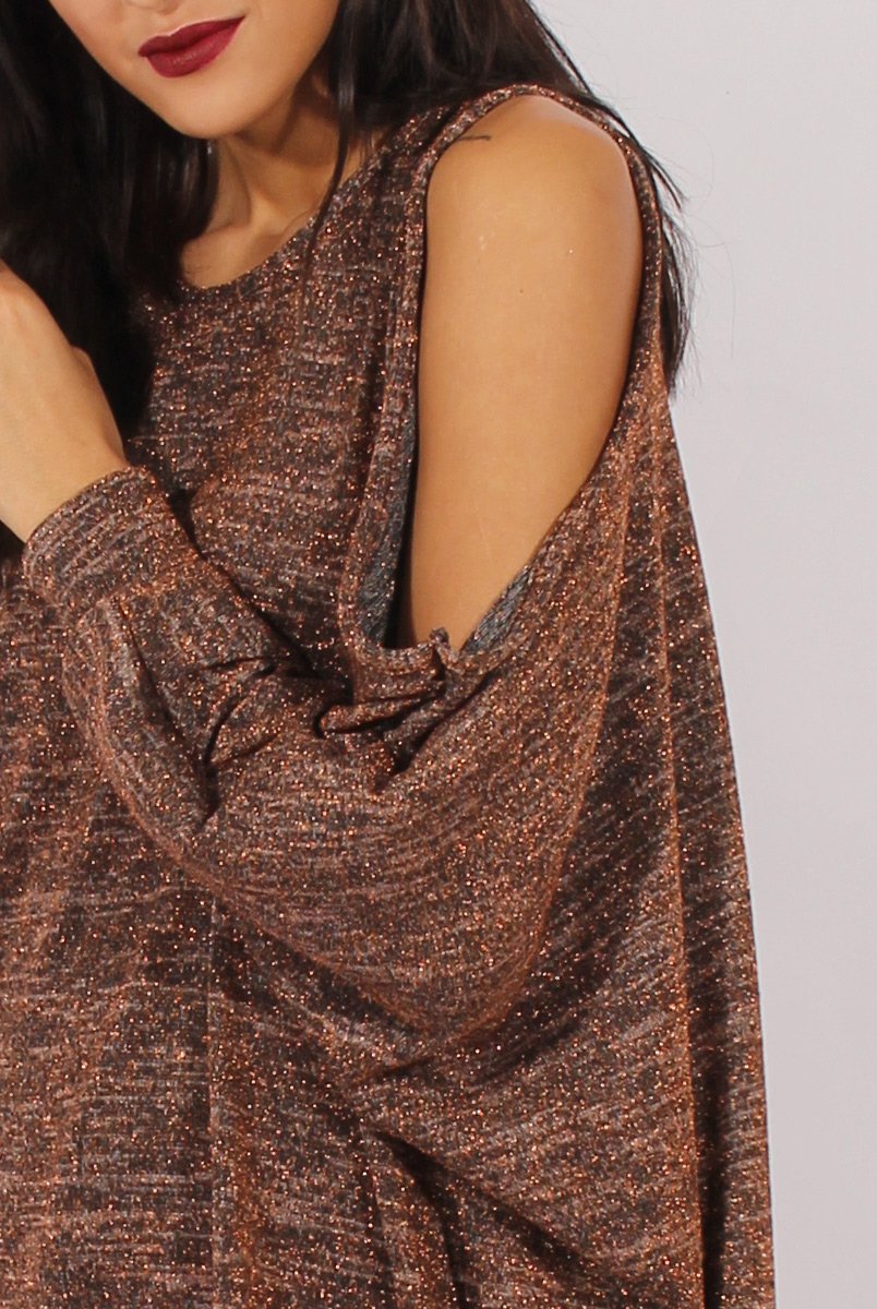 Bronze Metallic Cold Shoulder Dipped Hem Sweater - Rosi-Jumpers