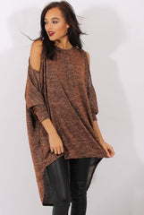 Bronze Metallic Cold Shoulder Dipped Hem Sweater - Rosi-Jumpers