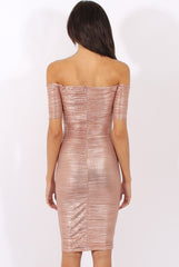Bronze Metallic Pleated Bardot V Front Midi Dress - Lucia-Dresses