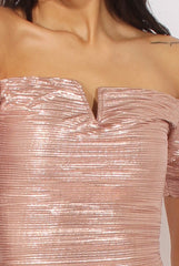 Bronze Metallic Pleated Bardot V Front Midi Dress - Lucia-Dresses