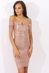 Bronze Metallic Pleated Bardot V Front Midi Dress - Lucia-Dresses