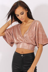 Bronze Metallic Pleated Open Back Crop Top - Mariah-Tops