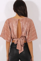 Bronze Metallic Pleated Open Back Crop Top - Mariah-Tops