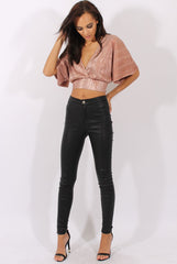 Bronze Metallic Pleated Open Back Crop Top - Mariah-Tops