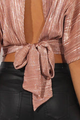 Bronze Metallic Pleated Open Back Crop Top - Mariah-Tops
