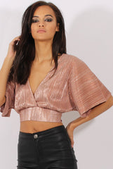Bronze Metallic Pleated Open Back Crop Top - Mariah-Tops