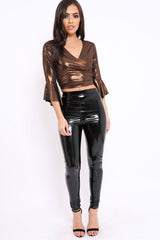 Bronze Metallic Plunge Bell Sleeve Crop Top - Merla-Crop Tops