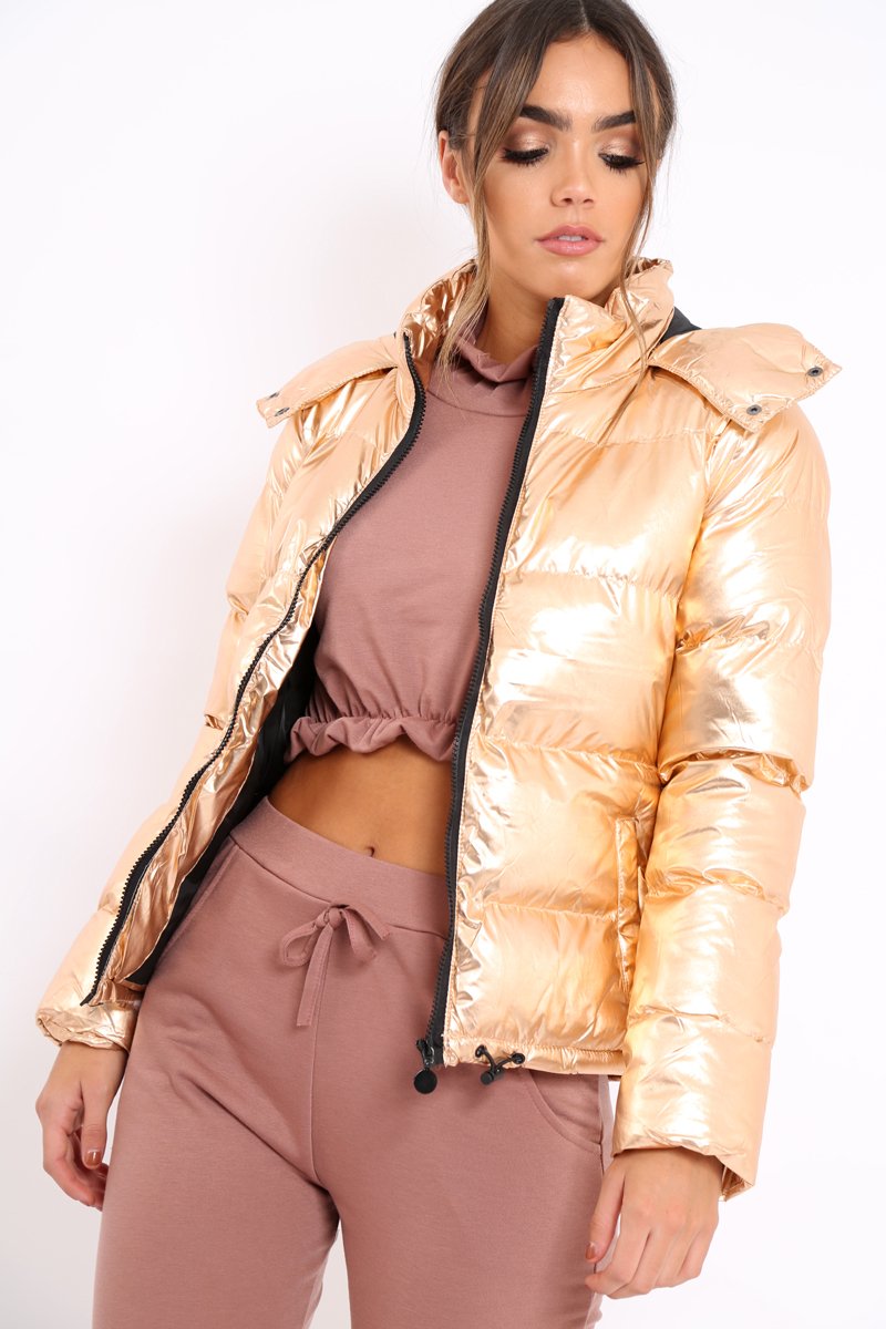 Bronze Metallic Puffer Jacket - Rochelle-Coats