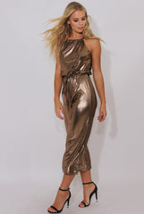 Bronze Metallic Wide Leg Jumpsuit - Evania-Jumpsuits