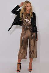 Bronze Metallic Wide Leg Jumpsuit - Evania-Jumpsuits