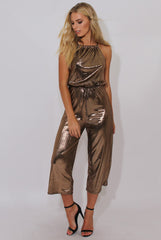 Bronze Metallic Wide Leg Jumpsuit - Evania-Jumpsuits