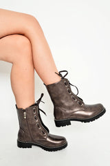 Bronze PU Stud Trim Biker Boots - Tiarra-Boots