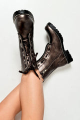Bronze PU Stud Trim Biker Boots - Tiarra-Boots