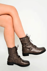 Bronze PU Stud Trim Buckle Detail Biker Boots - Areyah-Boots