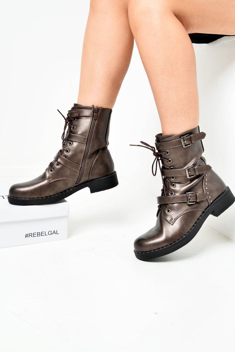 Bronze PU Stud Trim Buckle Detail Biker Boots - Areyah-Boots