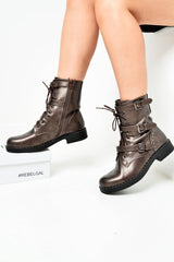 Bronze PU Stud Trim Buckle Detail Biker Boots - Areyah-Boots