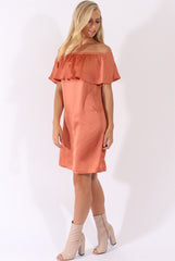 Bronze Satin Bardot Frill Dress - Alura-Dresses