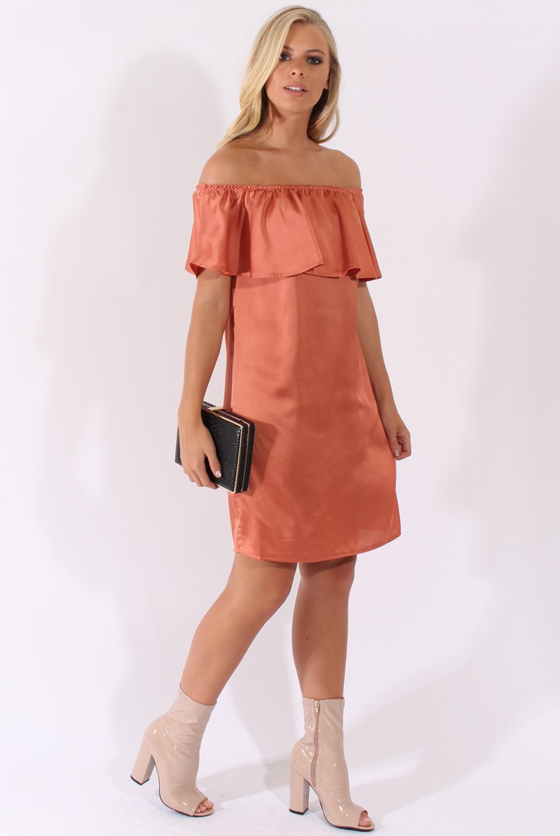 Bronze Satin Bardot Frill Dress - Alura-Dresses