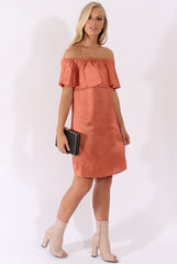 Bronze Satin Bardot Frill Dress - Alura-Dresses