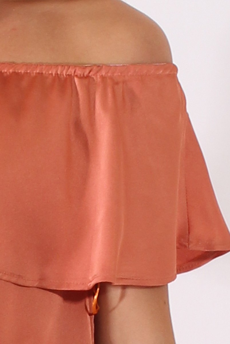 Bronze Satin Bardot Frill Dress - Alura-Dresses