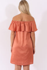 Bronze Satin Bardot Frill Dress - Alura-Dresses