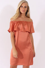 Bronze Satin Bardot Frill Dress - Alura-Dresses
