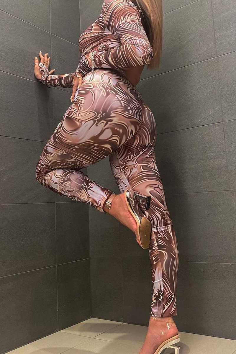 Brown Abstract Print Front Split Long Sleeve Jumpsuit - Hayli