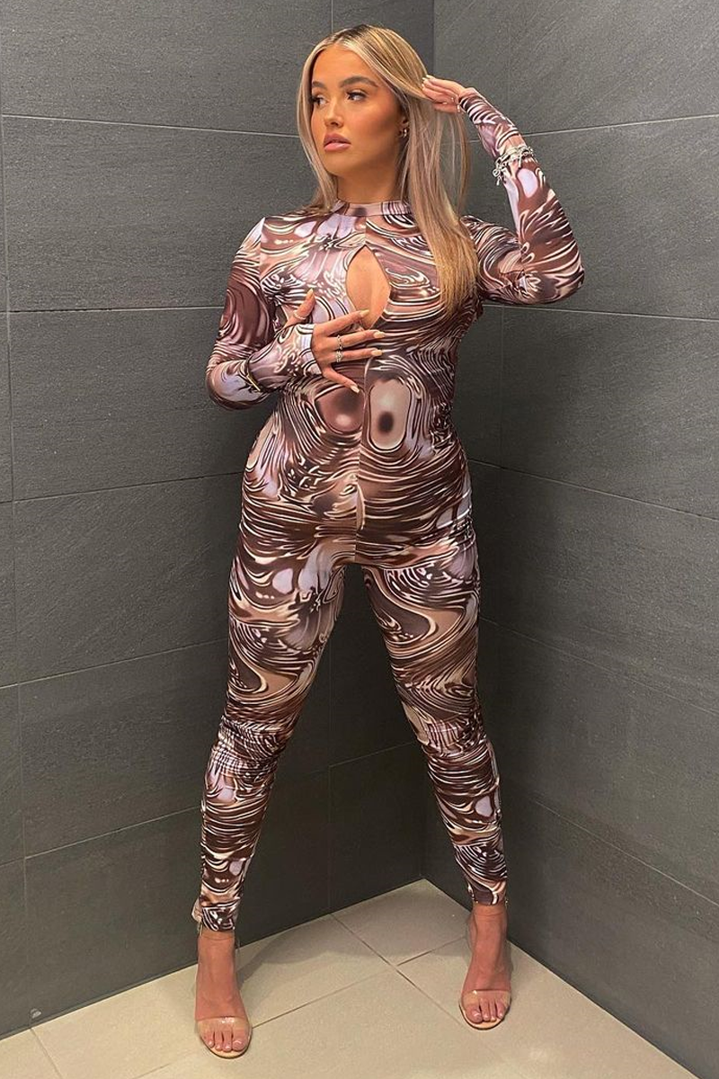 Brown Abstract Print Front Split Long Sleeve Jumpsuit - Hayli