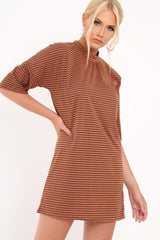 Brown And Blue Stripe T-Shirt Dress - Addaly-Dresses