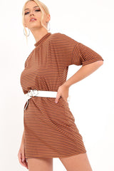 Brown And Blue Stripe T-Shirt Dress - Addaly-Dresses