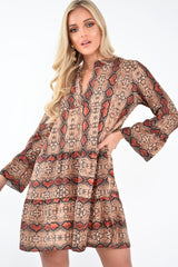 Brown And Red Snake Print Plunge Flute Sleeve Shift Dress - Olesya-Dresses