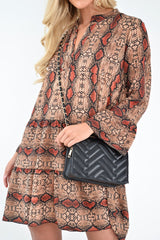 Brown And Red Snake Print Plunge Flute Sleeve Shift Dress - Olesya-Dresses