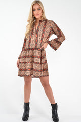 Brown And Red Snake Print Plunge Flute Sleeve Shift Dress - Olesya-Dresses