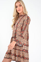 Brown And Red Snake Print Plunge Flute Sleeve Shift Dress - Olesya-Dresses