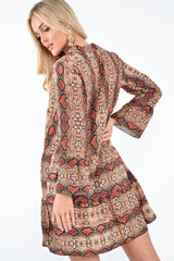 Brown And Red Snake Print Plunge Flute Sleeve Shift Dress - Olesya-Dresses