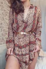 Brown And Red Snake Print Plunge Flute Sleeve Shift Dress - Olesya-Dresses