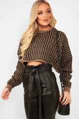 Brown Aztec Print Batwing Jumper - Adree-Crop Tops