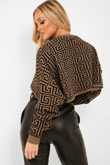 Brown Aztec Print Batwing Jumper - Adree-Crop Tops