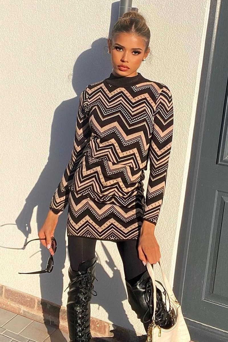 Brown Aztec Print Knit Dress - Gira