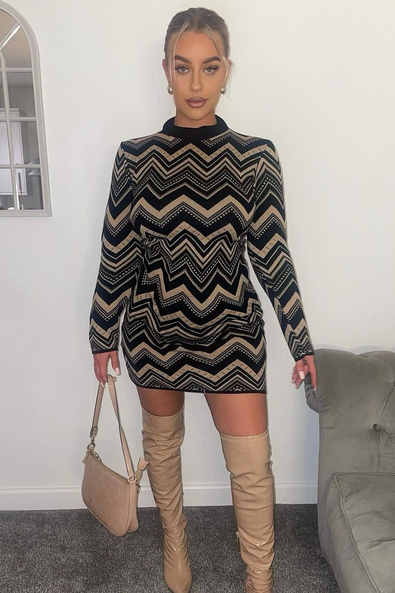 Brown Aztec Print Knit Dress - Gira