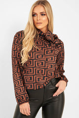 Brown Aztec Print Satin Long Sleeve Bow Shirt - Abrah-Shirts