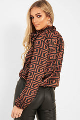 Brown Aztec Print Satin Long Sleeve Bow Shirt - Abrah-Shirts