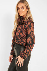 Brown Aztec Print Satin Long Sleeve Bow Shirt - Abrah-Shirts