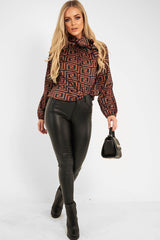 Brown Aztec Print Satin Long Sleeve Bow Shirt - Abrah-Shirts