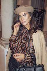 Brown Aztec Print Satin Long Sleeve Bow Shirt - Abrah-Shirts