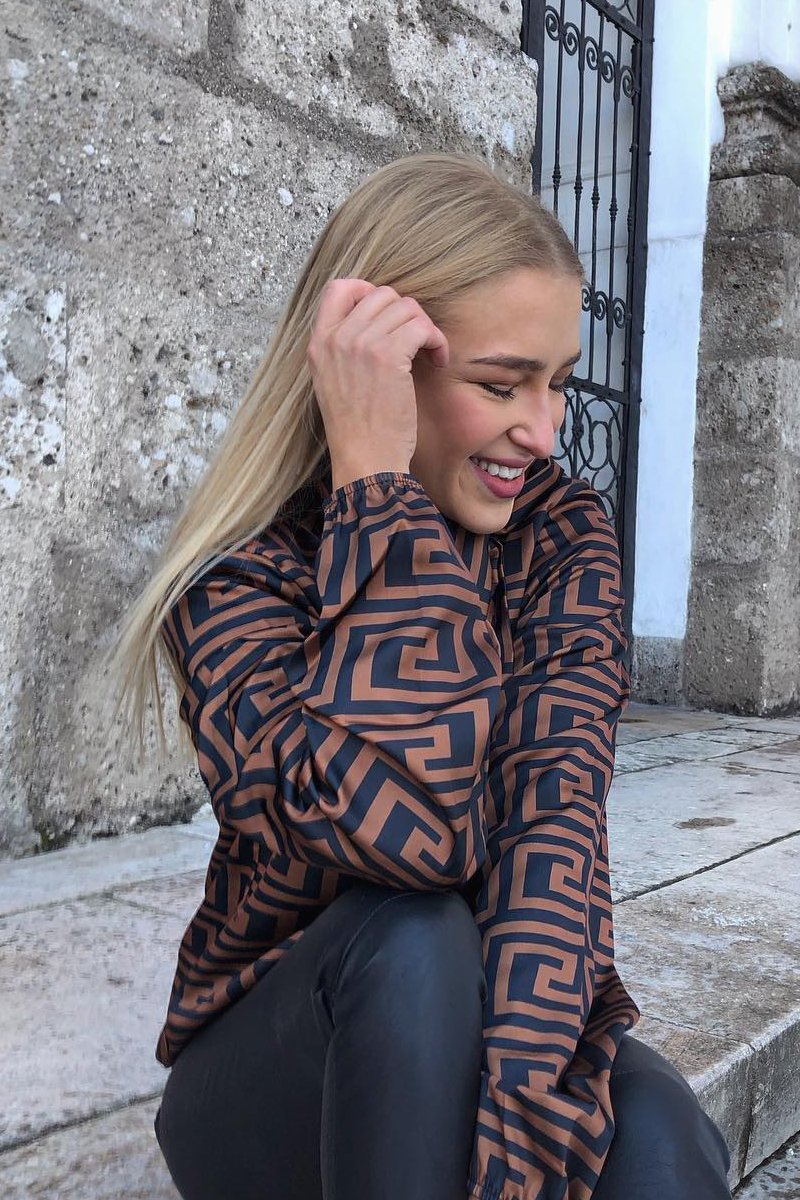 Brown Aztec Print Satin Long Sleeve Bow Shirt - Abrah-Shirts