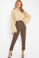 Brown Black Houndstooth Belted Tapered Trousers - Aasia-Trousers