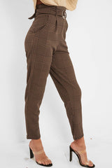 Brown Black Houndstooth Belted Tapered Trousers - Aasia-Trousers