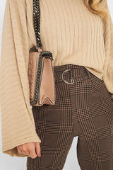Brown Black Houndstooth Belted Tapered Trousers - Aasia-Trousers